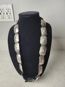 Navajo Sterling n Turquoise Belt 18 Conchos and Buckle 33" Stamped Sterling FB - Picture 1 of 14