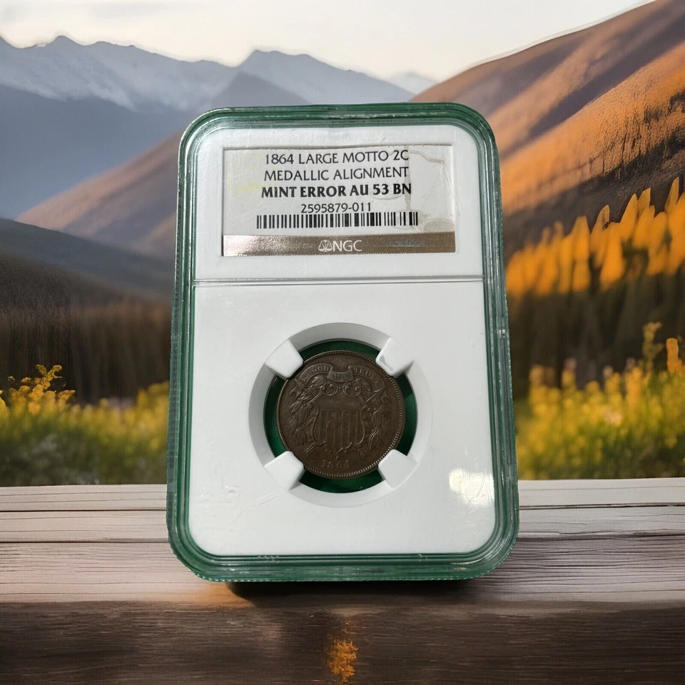 1864 2 Cent AU53 BN Large Motto Medallic Alignment Mint Error NGC Certified - Image 1 of 2