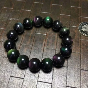 Brazalete elástico cuentas redondas de piedras preciosas de obsidiana verde aurora natural de 12-11 mm AAA - Imagen 1 de 6