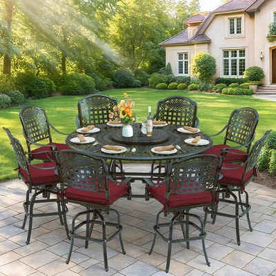 Juego de mesa y sillas de bar de exterior de 10 piezas de patio alto con Lazy Susan Foto 1 de 3