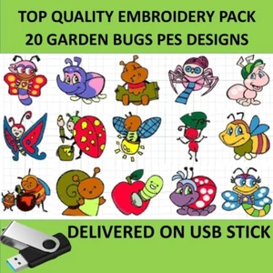 Cartoon bugs 20 PES designs on USB Machine Embroidery files to embroider pack - Picture 1 of 3