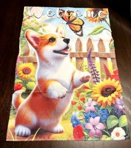 ADORABLE BANDERA DE PERRO CORGI DE PIE ~ 17" X 11" ~ 1 CARA ~ BIENVENIDO ~ POLIÉSTER - Imagen 1 de 1