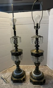 Art Deco Prism Crystal Brass marble Hollywood Regency Lamp Vintage Three Way MCM - Picture 1 of 13