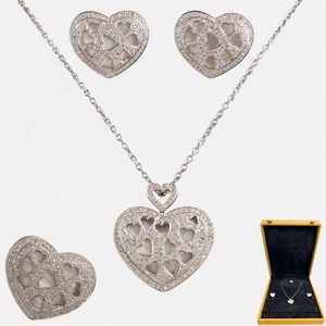 18k White Gold Pave Diamond Heart Necklace Ring Earrings Set 2.56ctw H-I SI2-I1 - Picture 1 of 24