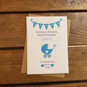 Handmade personalised new baby boy card- grandson, nephew, keepsake card - Picture 1 of 4