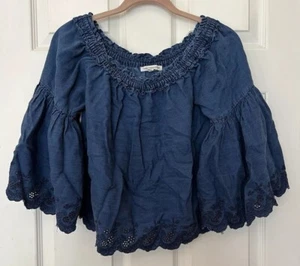 Camicia boho contadina blu American Eagle Chambray top spalle scoperte taglia XS - Foto 1 di 20