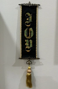 Vtg “JOY” Tapestry Solid Brass Hanger Tassel Gold Black Green Red Wall Hanging - Picture 1 of 11