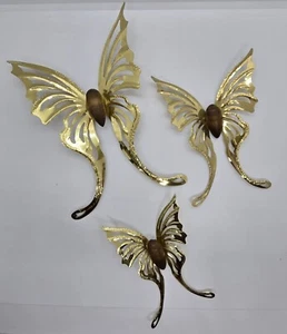 Vintage Gold Metal And Teakwood Hanging Butterflies Set of 3 - Picture 1 of 7