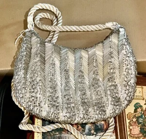 Vintage Beaded Silver Evening Purse with Chord Strap - Picture 1 of 4