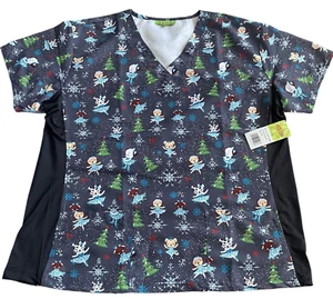 Green Town Christmas Scrub Top - 2X - Gray w/ Christmas Trees & Ballerinas - Picture 1 of 5