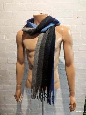 GANT Scarf 100% Lambswool Blue Grey Stripe Tasselled winter Mens - Image 1 of 4