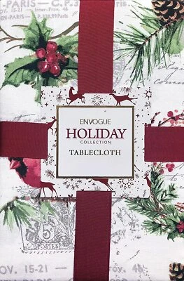 Twig & Twine Cotton Christmas Tablecloth Poinsettia Pine Berries Script 60 x 102 - Image 1 of 2