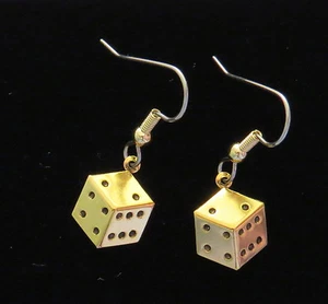 Dice Earrings 24 Karat Gold Plate Gambling Snake Eyes Casino Games Lucky Roll Em - Picture 1 of 4