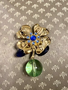 Ivana Trump Large Gold Blue Crystal Flower with Emerald Green Drop Pin/Pendant - Picture 1 of 3