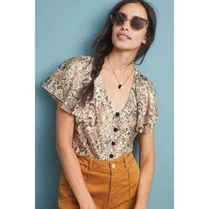 Anthropologie Eva Franco Brown Snake Print Lace Top Flutter Sleeve Size XS - Picture 1 of 5
