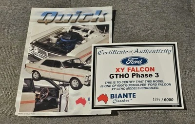 СЕРТИФИКАТ BIANTE И БРОШЮРА - 1:18 FORD XY GTHO БЫСТРОЕ СЕРЕБРО - РЕДКАЯ! AUTOART - Изображение 1 из 4