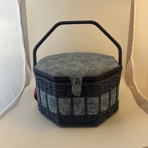 Vintage Extra Large Wicker Sewing Basket Octagon Shape Blue - Picture 1 of 8
