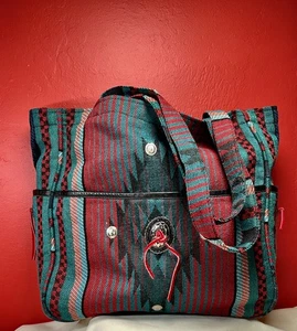 Tote Bag Southwest Pattern Silver Conchos Red Teal Lined 14in x 14in - Picture 1 of 12