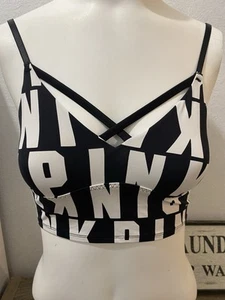 Victoria’s Secret PINK Ultimate Black White Logo Unlined Sports Bra, Size XSmall - Picture 1 of 12