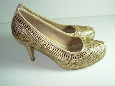 WOMENS GOLD SPARKLE PUMPS STILETTO RHINESTONE HEELS EVENING SHOES SIZE 8 M - Image 1 of 4