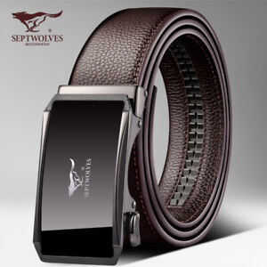 Mens Belt Top Full Leather Genuine Septwolves Fashion Black/Brown Auto buckle 
