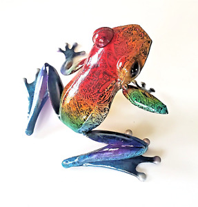 Frog Figurine Garden Art Metal Tin Painted  Multi-Colors 5.5 In.