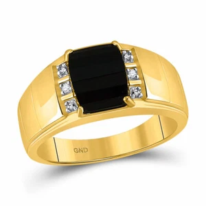 Anillo solitario de ónix negro con diamantes redondos de oro amarillo de 10kt para hombre .02 Cttw - Imagen 1 de 1