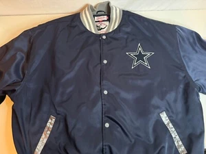 Throwback NFL Dallas Cowboys Mitchell & Ness Blue Satin Jacket Button Size 4XL - Picture 1 of 9
