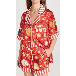 Karen Mabon Holiday Feast Pyjama Set Größe Large Satin rot Gummibund Taschen - Bild 1 von 13
