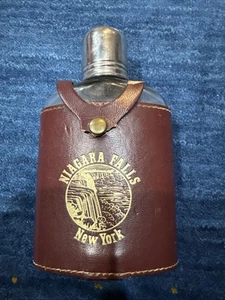 Vintage Niagara Falls New York Leather Covered Glass 6" Flask Souvenir - Picture 1 of 4