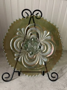 Vintage Imperial Carnival Glass Scroll Embossed Green Plate 9.5” Antique - Picture 1 of 14