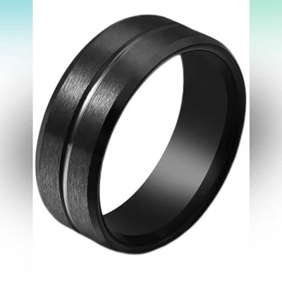 Alianza de boda anillo de tungsteno negro acanalado central para hombre talla 10 Foto 1 de 4