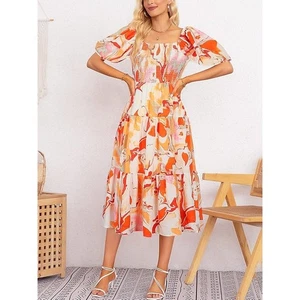 Vafadress Gr. Medium M orange abstrakt Blumenmuster gesmokt Stufen Midikleid Neu mit Etikett - Bild 1 von 12