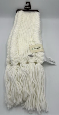 Fossil Addison Knitted Whisper White Acrylic Scarf Fringe Braided Trim - Image 1 of 4