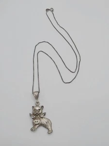 Vintage Sterling Silver Necklace With 925 Large Cat Kitty Pendant 22" Box Chain - Picture 1 of 9
