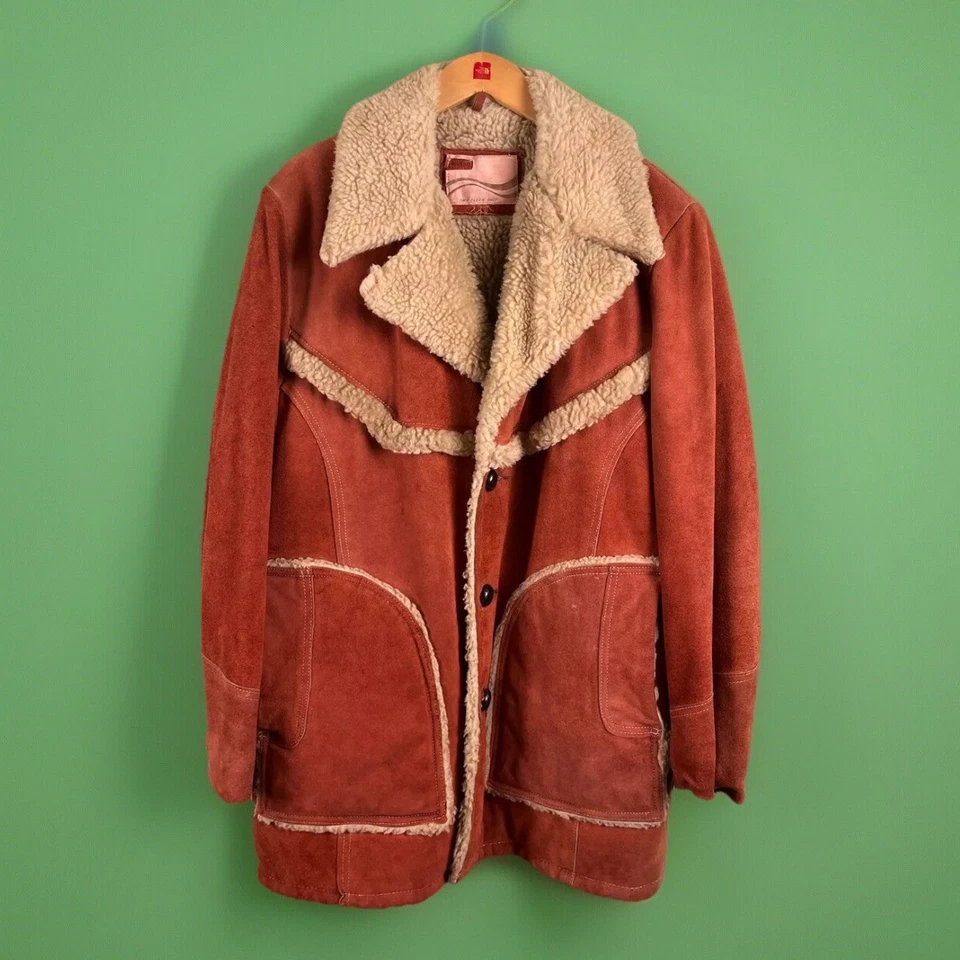 Chaqueta de cuero dividido de gamuza naranja vintage para hombre talla 44 forrada de sherpa pesada Foto 1 de 4