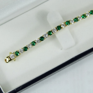 Mens Tennis Bracelet Sterling Silver Round Emerald & 4mm Simulated Diamond 7.75"