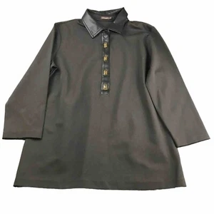 J McLaughlin Shirt Womens Large Brown 3/4 Sleeves Faux Leather Collar Top - Picture 1 of 13