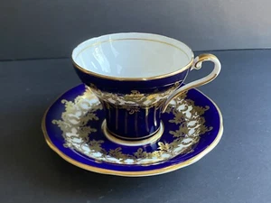 aynsley bone china teacup saucer cobalt blue corset shape gold chintz - Picture 1 of 8