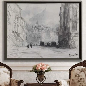 Vintage Stadtbild Wandbild Urban Leinwandbild Architektur Skizze gerahmt Deko - Bild 1 von 9