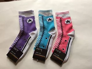 3 PAIRS GIRLS NOVELTY SNEAKER LOOK SOCKS BLUE/PURPLE/PINK *SIZ 6-8 AGES 4-9 - Picture 1 of 2