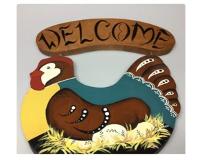 Vintage Welcome Sign Handpainted Wood Chicken Rustic Farmhouse Cottage Grandma - Picture 1 of 7