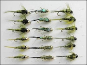 Gold Head Trout Flies, 18 Pack Goldhead Olive Nymphs, 3 Varieties, Mixed 10/12 - Picture 1 of 4
