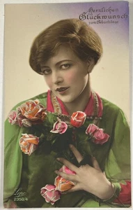 1920s German Tinted Postcard – Woman with Roses – Birthday Greetings - Picture 1 of 2
