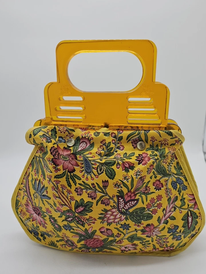 Vintage Lucite Removable Handles Purse Handbag Yellow Floral Fabric Pearl Snaps - Image 1 of 4