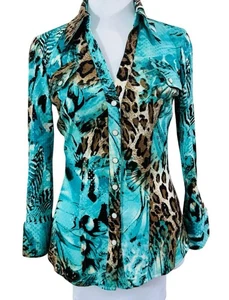 Vintage 90er Y2k Cache Top Perlen Druckknopf Shirt blau Retro Leopard Bluse Damen Gr. S USA - Bild 1 von 15