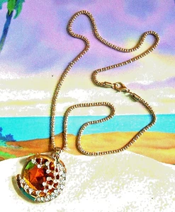 Sun Moon Amber Crystal Lucite Chain Necklace 20" Moving Charm - Picture 1 of 3