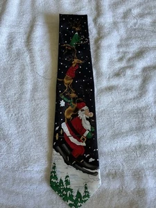 Hallmark Yule Tie  Greetings Santa and Reindeer On Skis Holiday Christmas - Picture 1 of 3