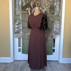 Vintage 1930s Brown Crepe Devoré Velvet Flutter Sleeve Deco Midi Day Dress - Picture 1 of 10