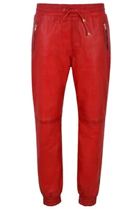 Men's Leather Trousers Red Napa Sweat Track Pant Slim Fit Causal Wear Sweatpants - Picture 1 of 7